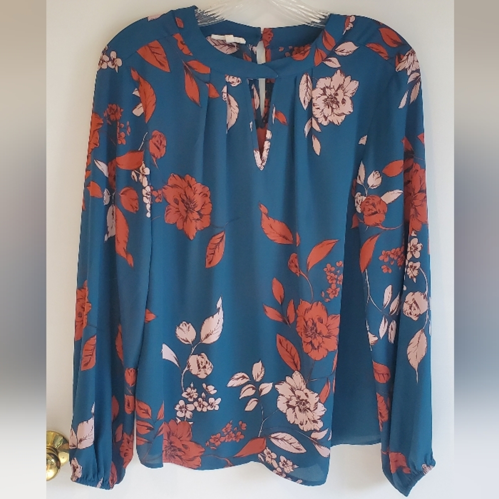 Maurices Women’s Blouse M Floral Print Teal Brown Long Sleeve Casual Work Top